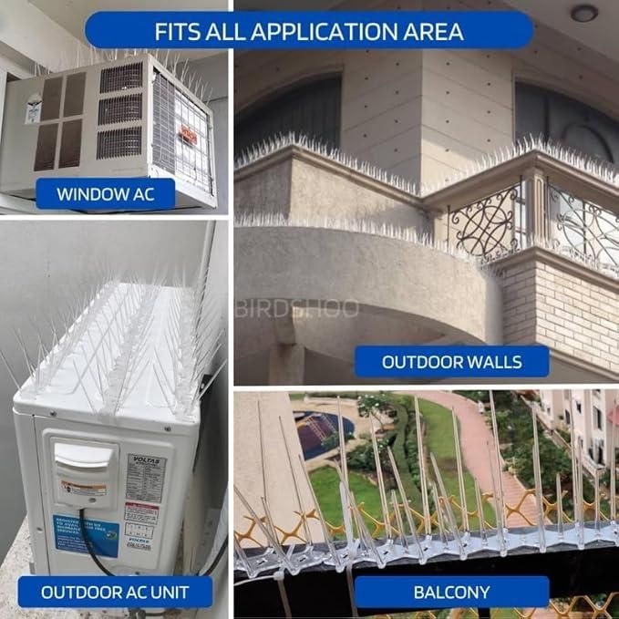 Pigeon control spikes set installed on various surfaces like balconies, AC units, and outdoor walls