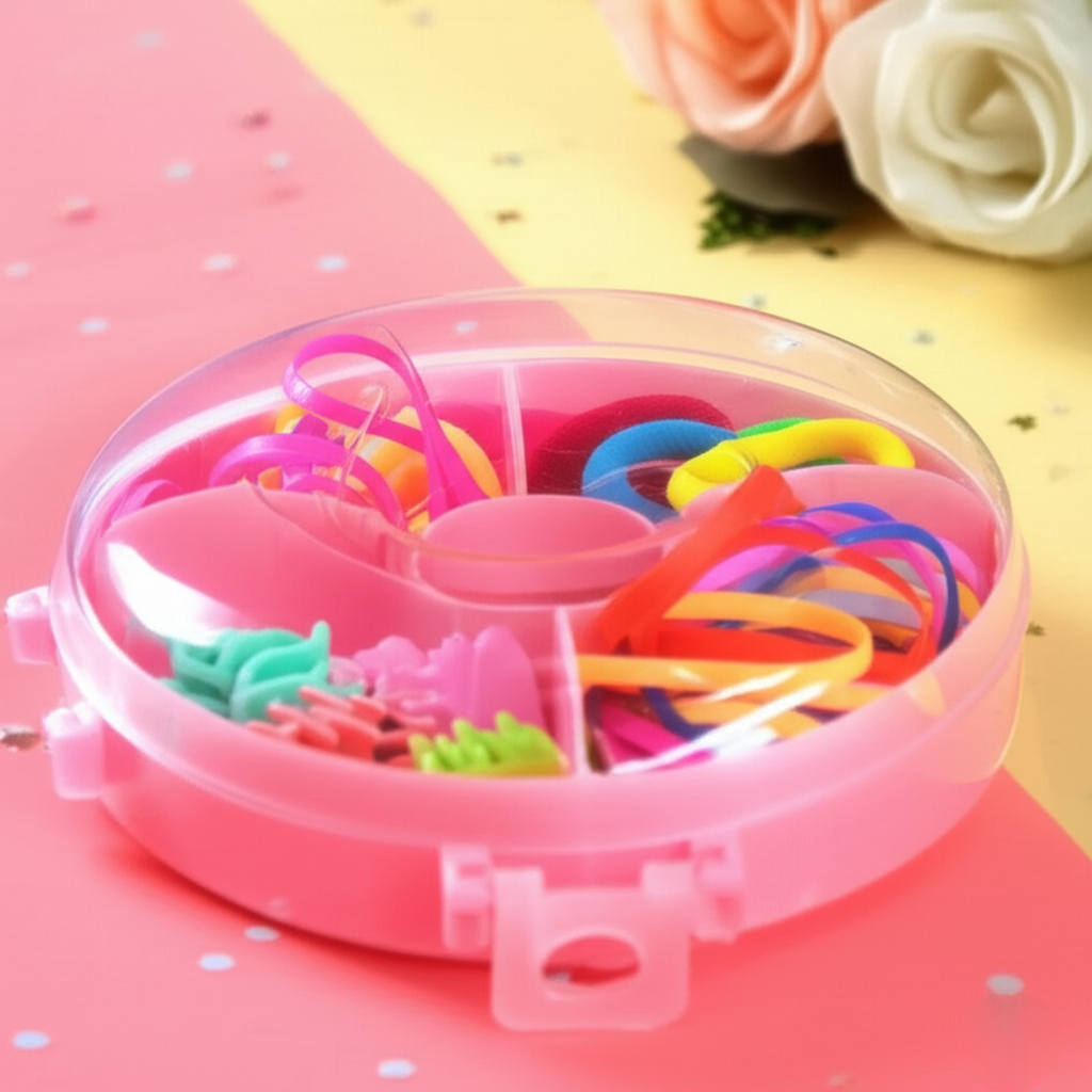Amd-Deodap cute round hair accessories for girls in a pink organizer with colorful bands and clips