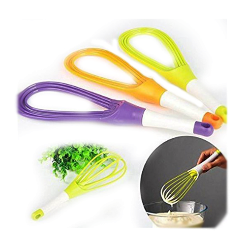 Set of three colorful plastic balloon whisk mixers in purple, orange, and green for easy mixing and whisking