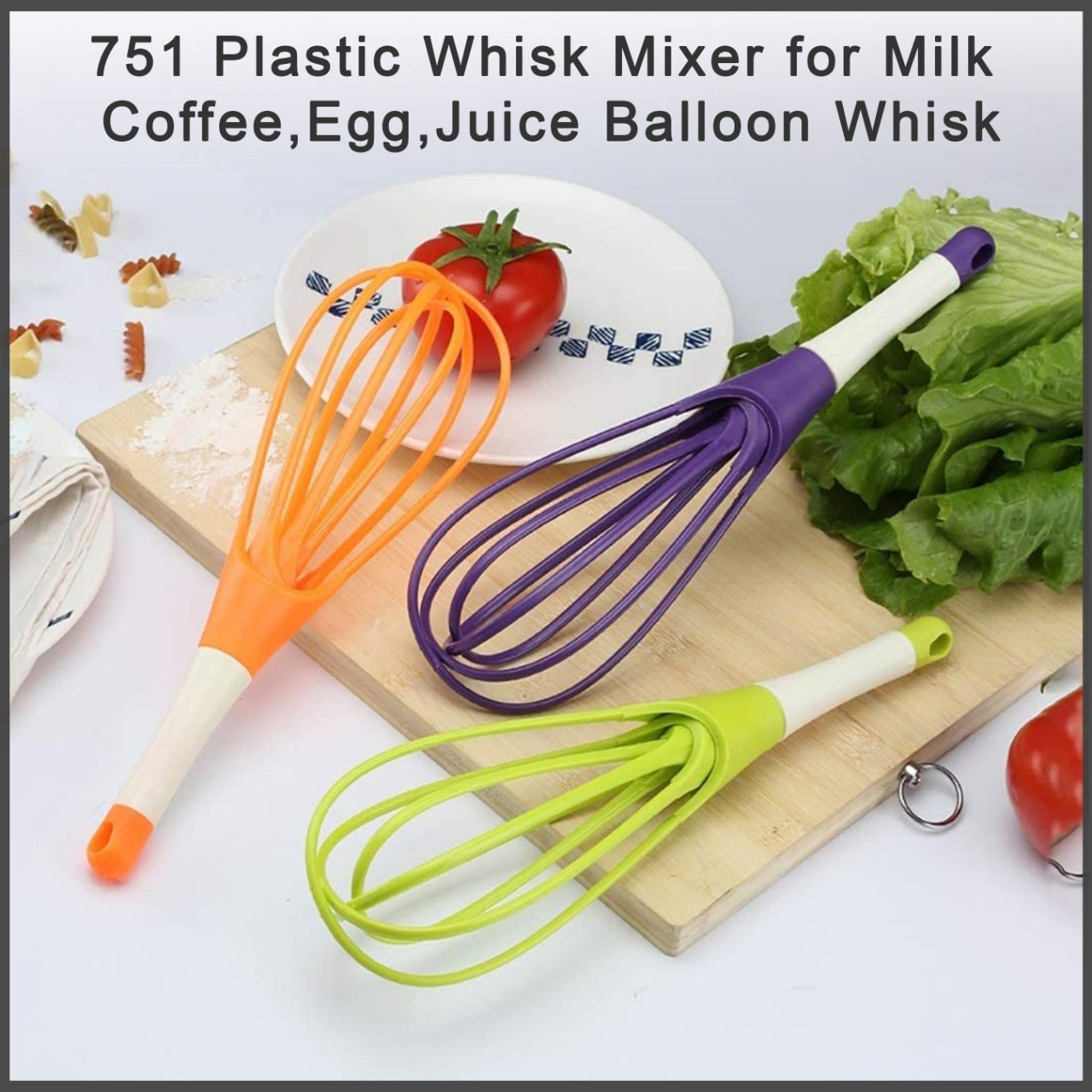 Set of 751 plastic balloon whisk mixers in orange, purple, and green for milk, coffee, egg, and juice