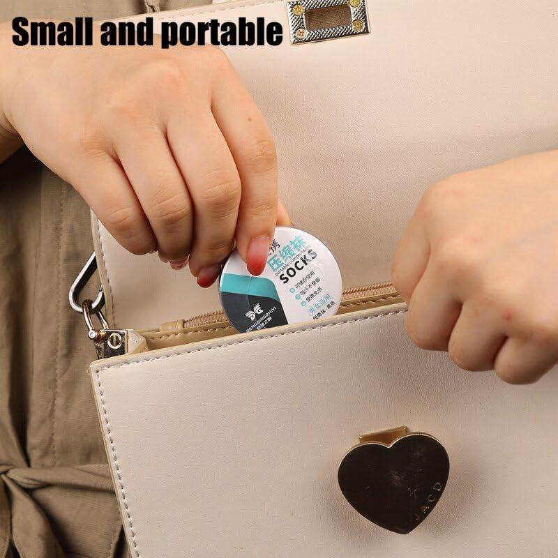 Small and portable container of portable disposable travel socks easily fits in a handbag