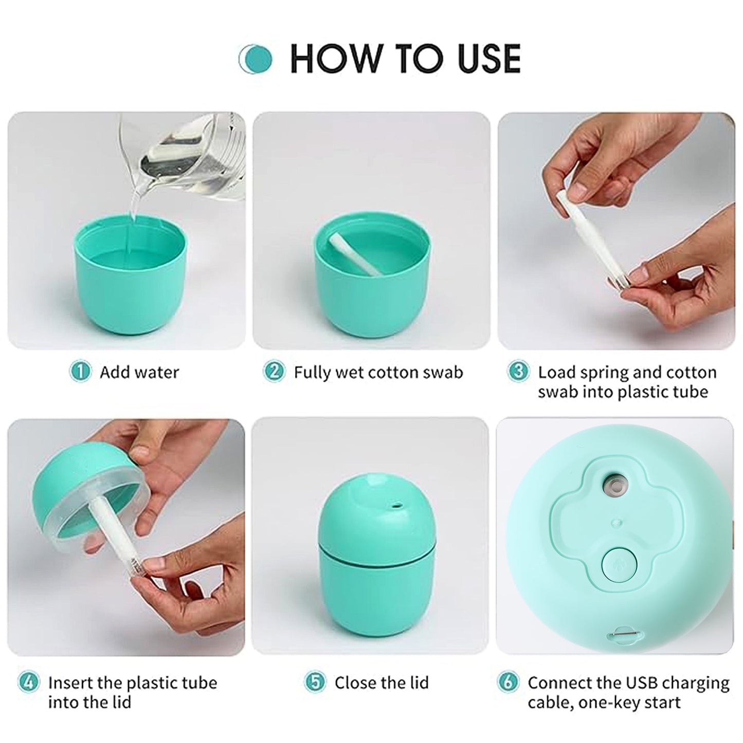 Step-by-step instructions for using a portable mini USB humidifier in teal color