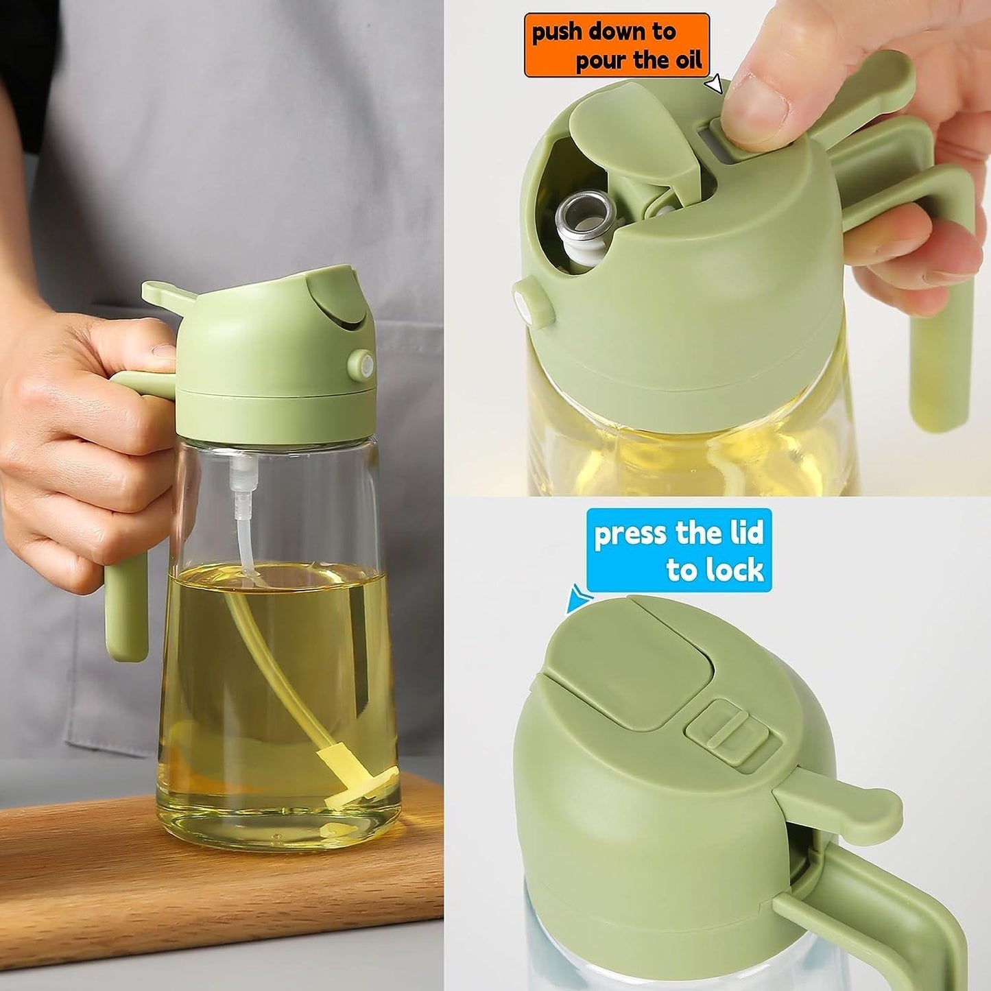 Portable oil sprayer dispenser with easy push-button lid for controlled pouring and locking mechanism