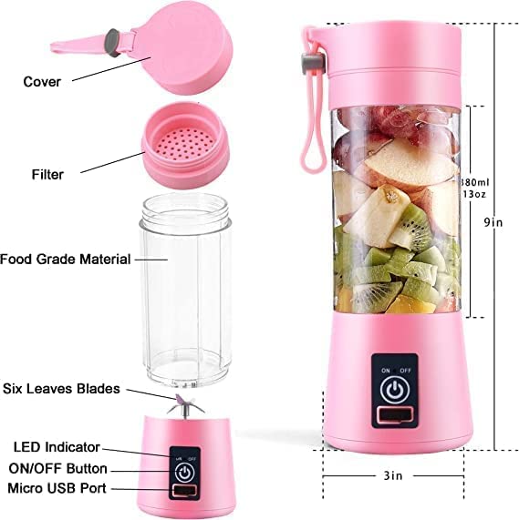 THE GIR FARMER pink portable smoothie blender with six blades, LED indicator, and USB charging