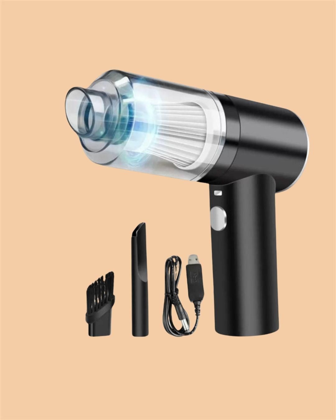 Black portable vacuum suction cleaner with transparent filter and USB charging cable with two attachments