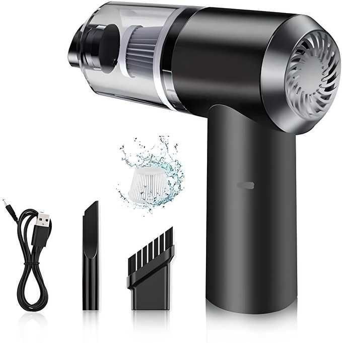 Black portable vacuum suction cleaner with USB charging cable and cleaning nozzle attachments
