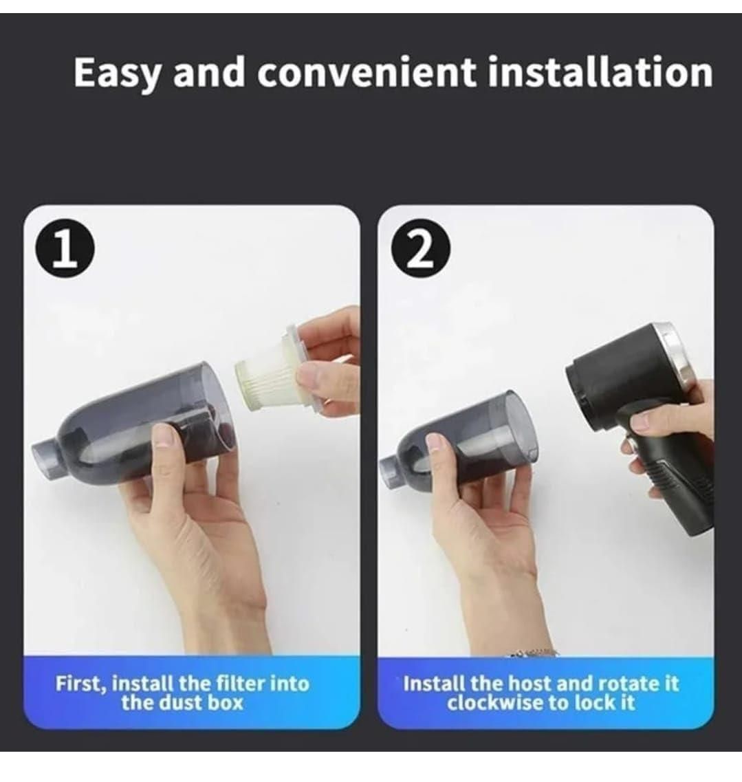 Step-by-step easy and convenient installation of a portable vacuum suction cleaner filter and dust box assembly