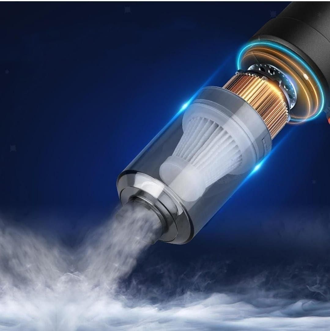 Close-up of a portable vacuum suction cleaner showing its motor and filter with airflow effect