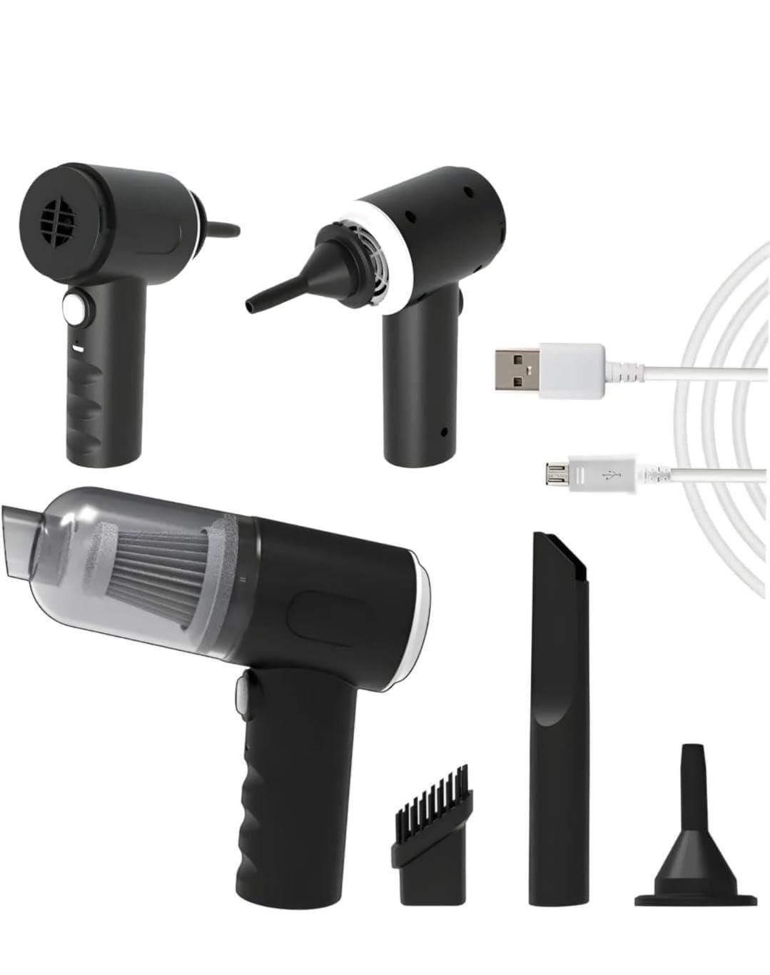 Portable vacuum suction cleaner with USB charging cable and multiple nozzle attachments in black