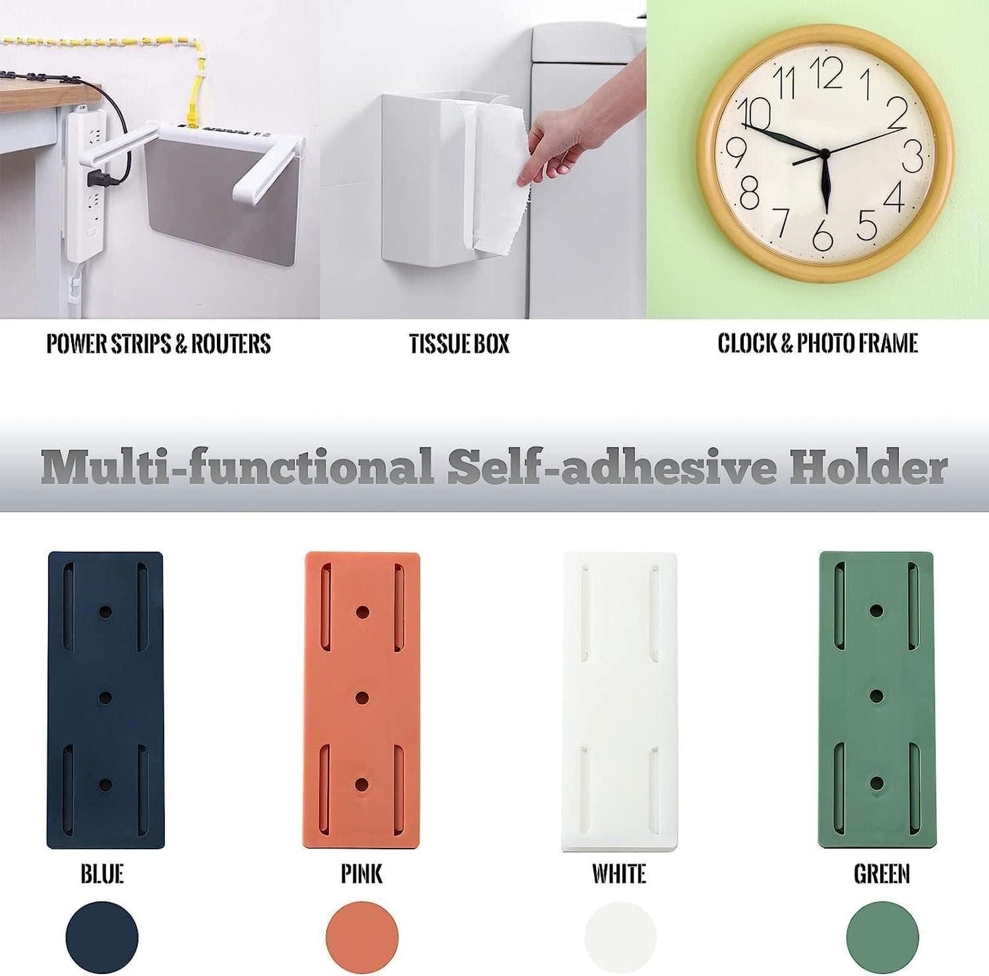 Multi-functional self-adhesive power strip wall mount pack of 4 in blue, pink, white, and green