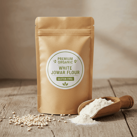 Premium Organic White Jowar Flour in a brown pouch, free from gluten flour, ideal for baking and cooking
