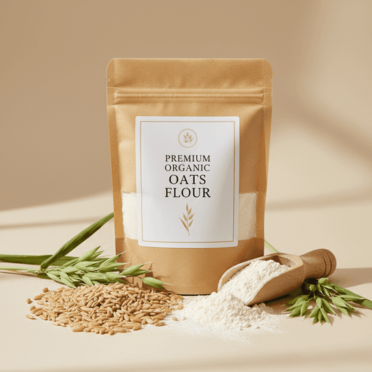 Premium Organic Oats Flour in a brown pouch with oats grains and a scoop for baking and cooking