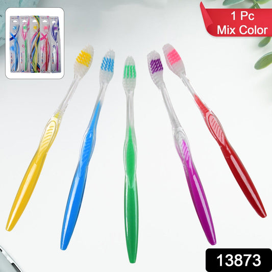 Set of colorful premium plastic toothbrushes in yellow, blue, green, red, and pink for effective dental care