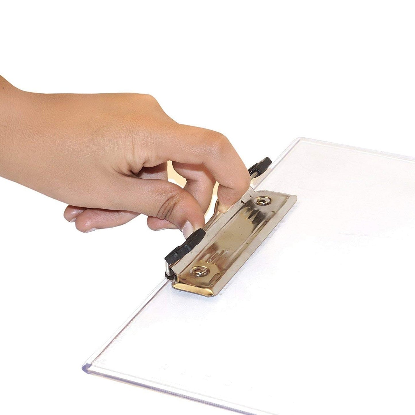 Hand holding a clip on a premium transparent exam pad for secure note-taking