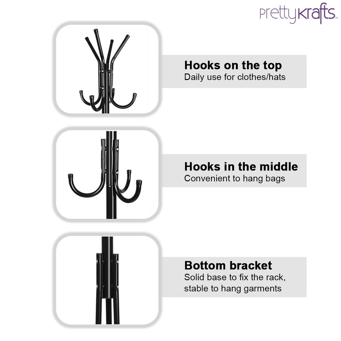 Black wrought iron coat rack stand with top and middle hooks for clothes and bags with stable bottom bracket