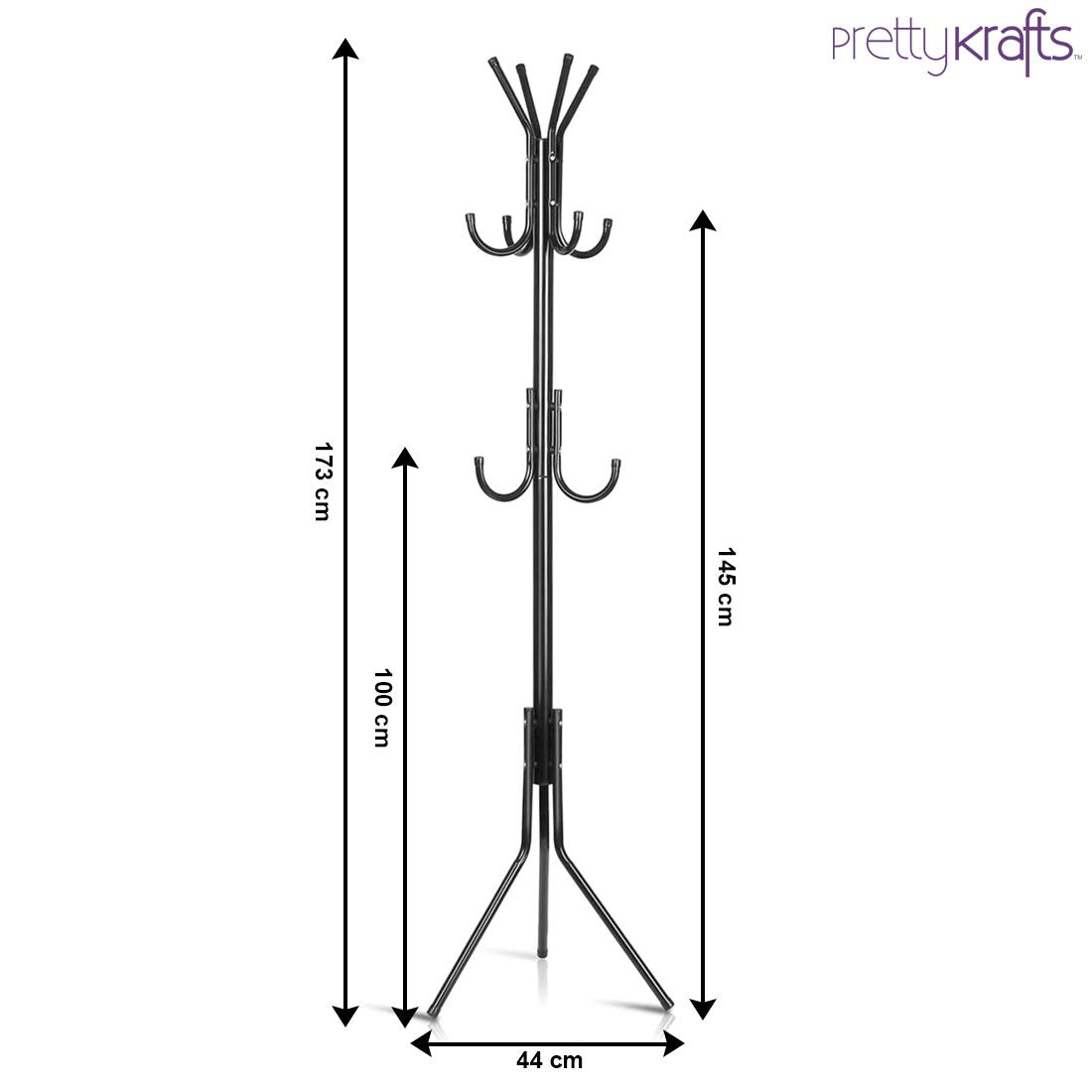 Black wrought iron coat rack stand with multiple hooks and tripod base measuring 44 cm wide
