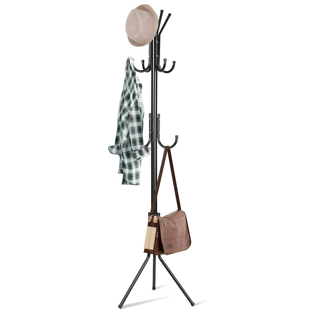 THE GIR FARMER wrought iron coat rack stand with multiple hooks holding a hat, shirt, and bag