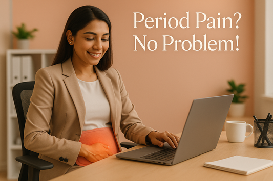 Professional woman using cordless heating pad at work