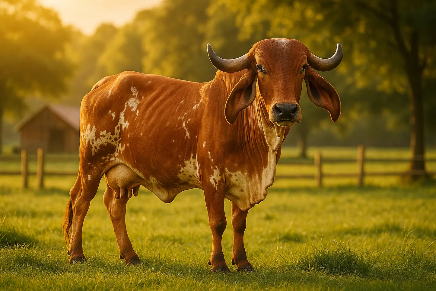 A2 Gir Cow grazing in a sunny field, representing the source of Pure A2 Gir Cow Ghee
