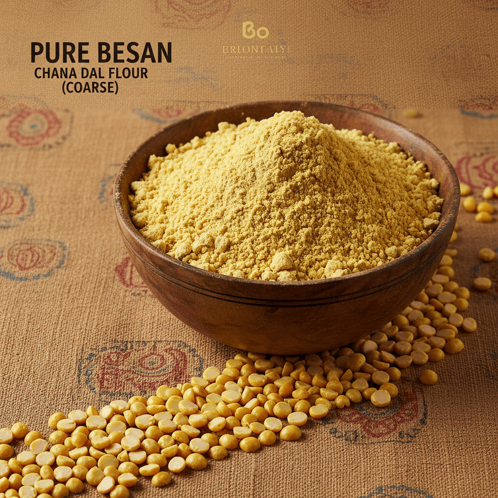 Coarse chickpea flour is besan in a wooden bowl, ideal for Indian cooking and healthy recipes.
