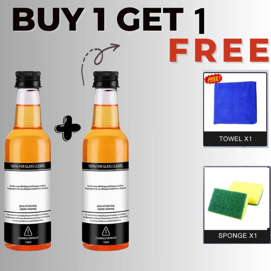Two bottles of glass cleaning agent powerful stain remover with a free towel and sponge promotion