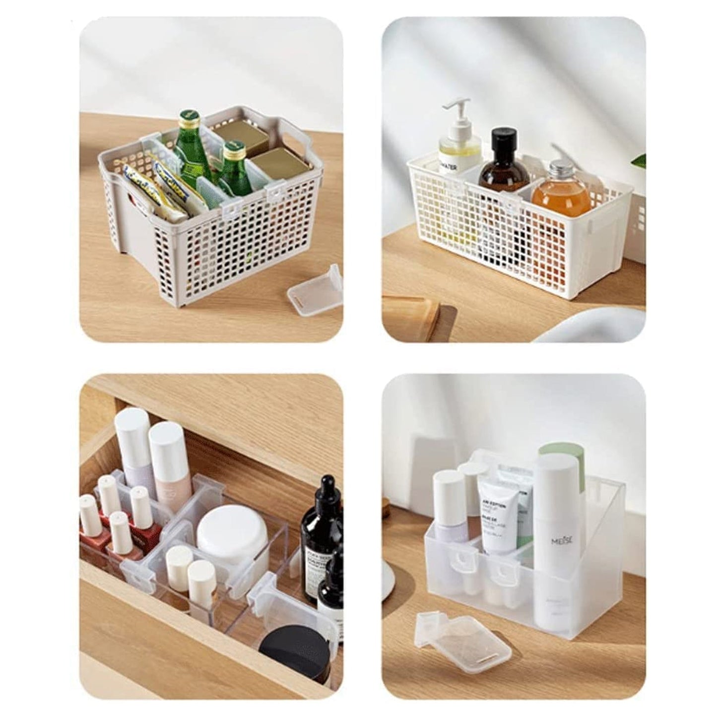 White refrigerator organizer bins for storing drinks and condiments neatly in the fridge