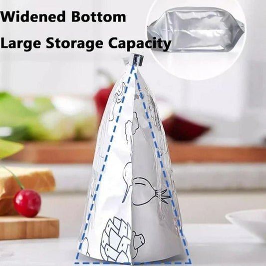Reusable aluminum foil storage bags with a widened bottom for large storage capacity and easy use
