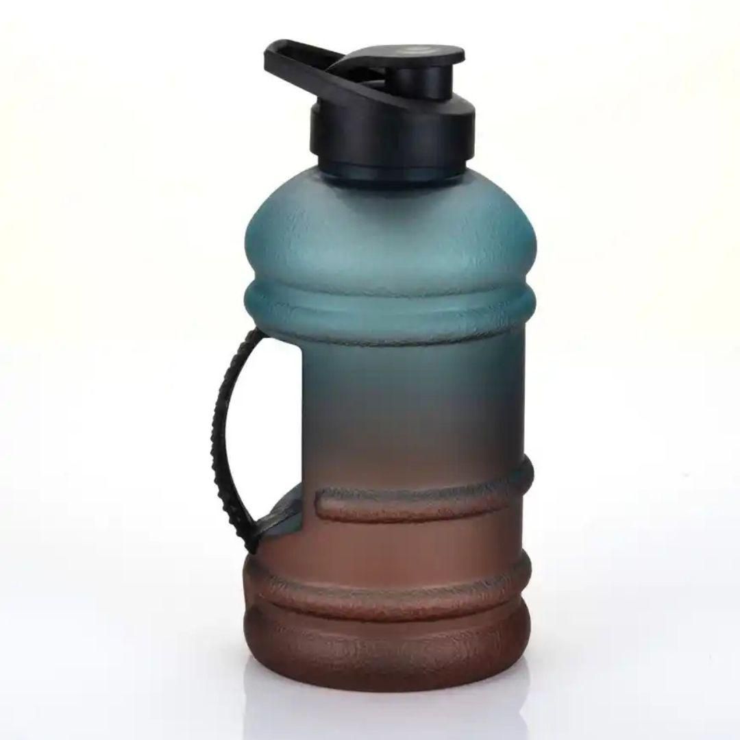 Reusable fitness water jug with gradient blue and brown design and black handle and lid