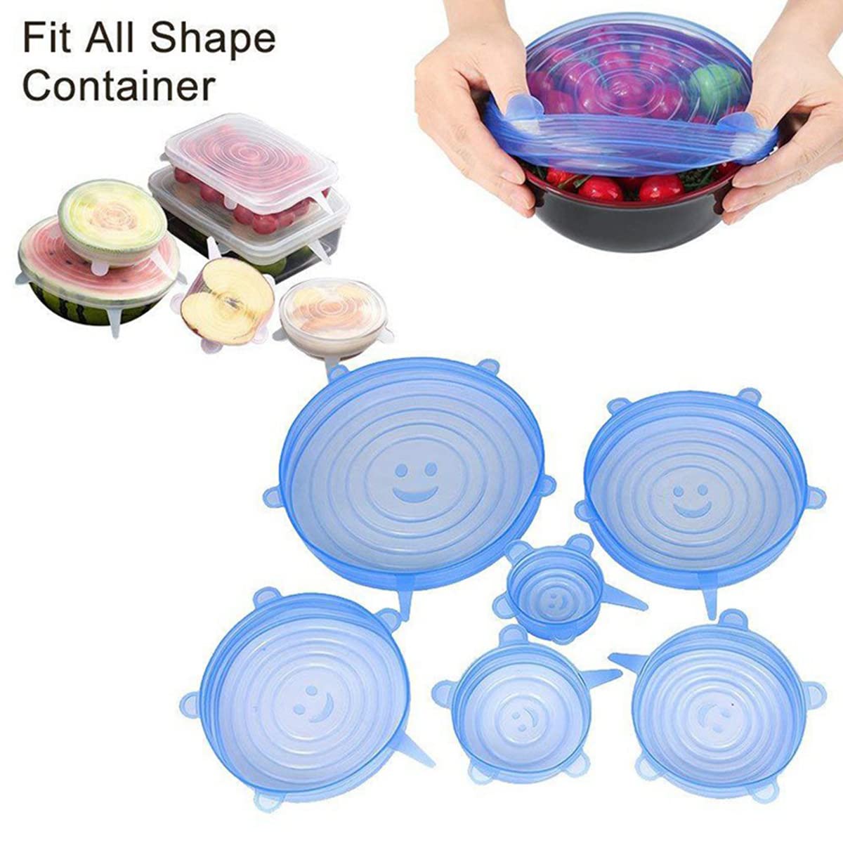 Reusable lids for bowls and containers in various sizes with a smiley face design fitting multiple shapes