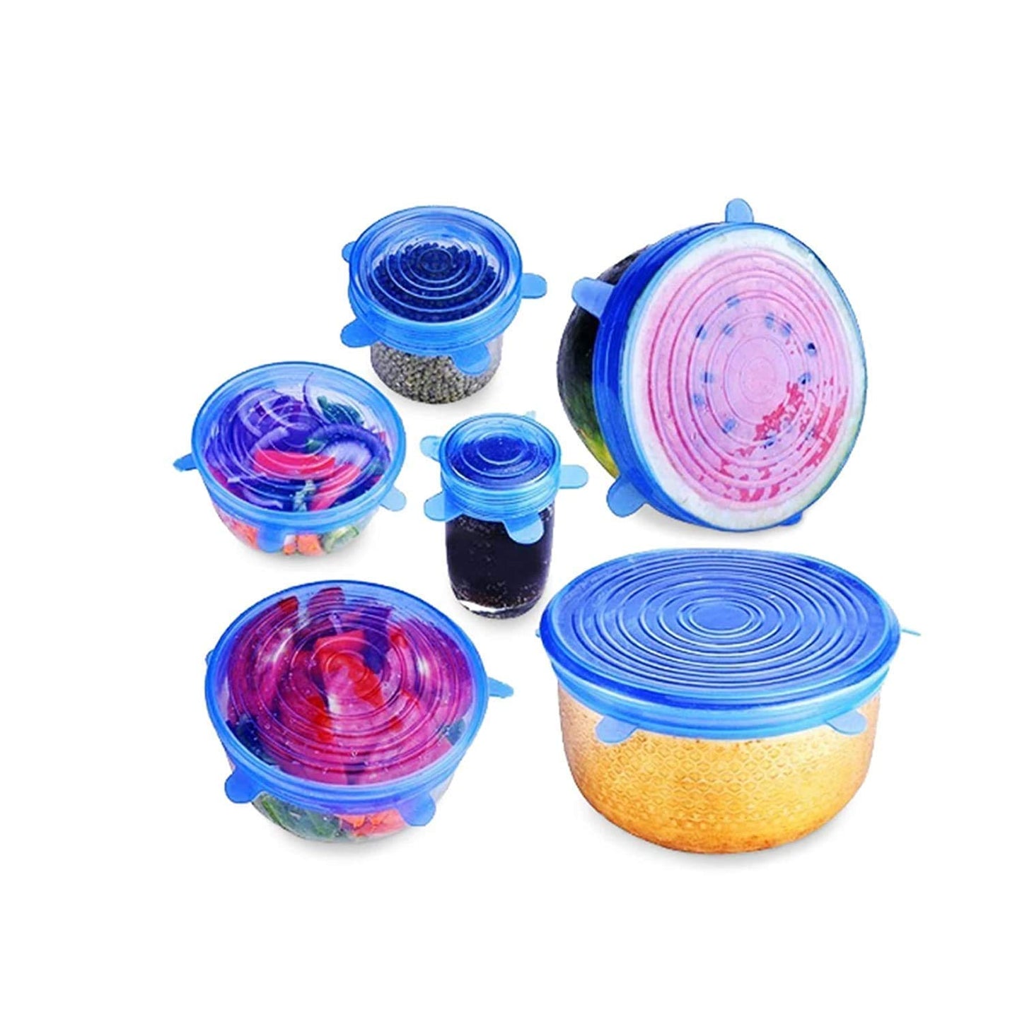 THE GIR FARMER reusable lids for bowls and containers in various sizes and blue color sealing different foods