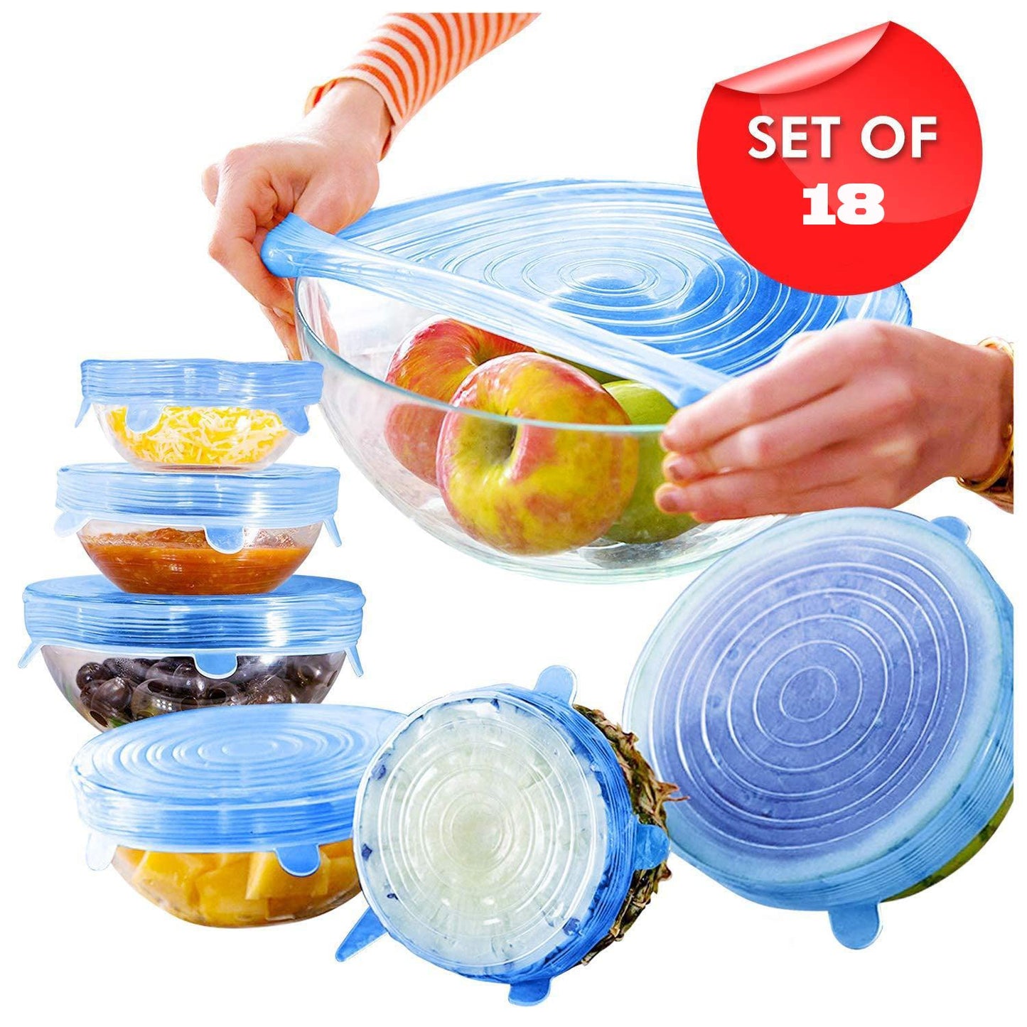 Set of 18 reusable lids for bowls and containers by THE GIR FARMER in blue silicone covers various bowl sizes