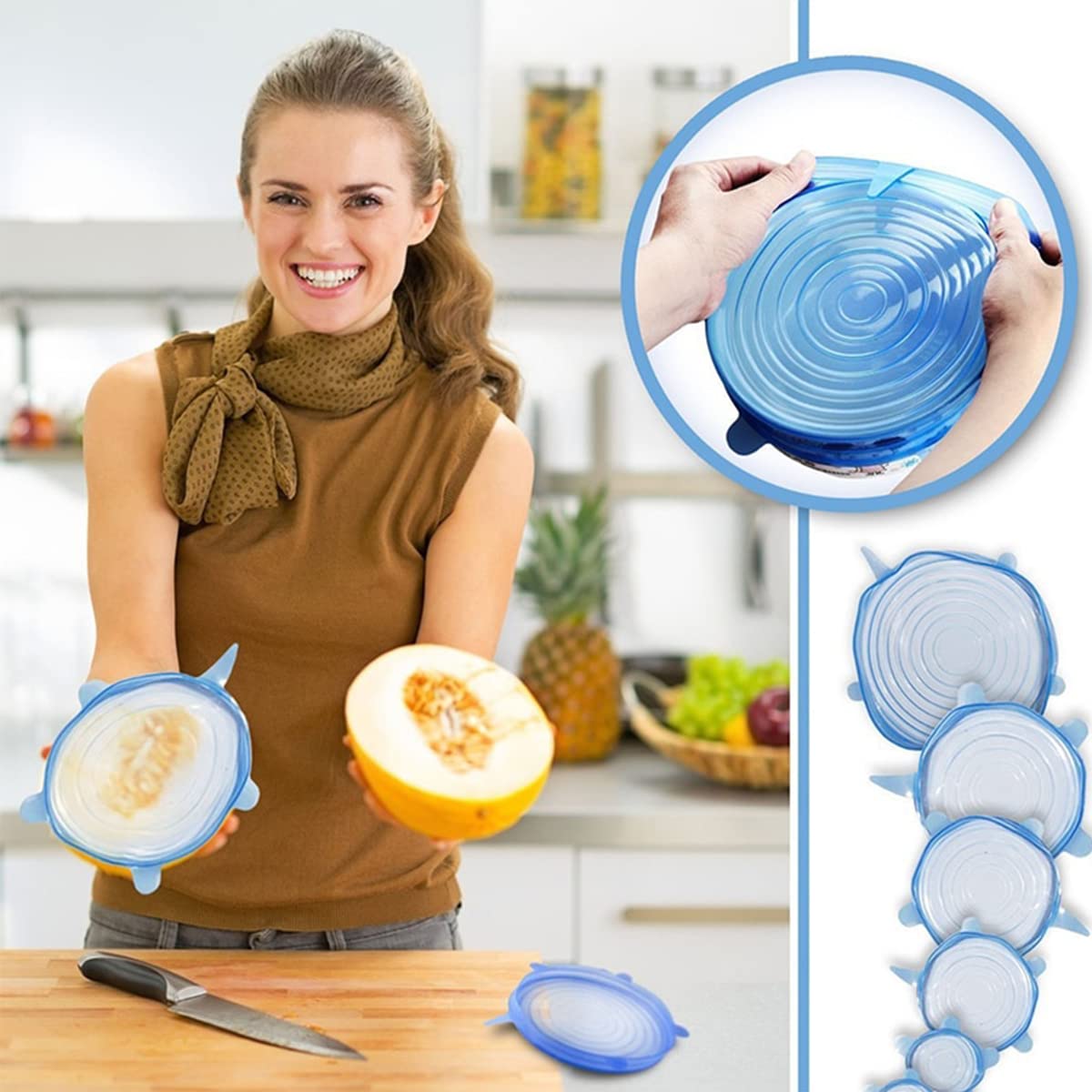Reusable lids for bowls and containers by THE GIR FARMER shown on melon and various sizes in blue silicone