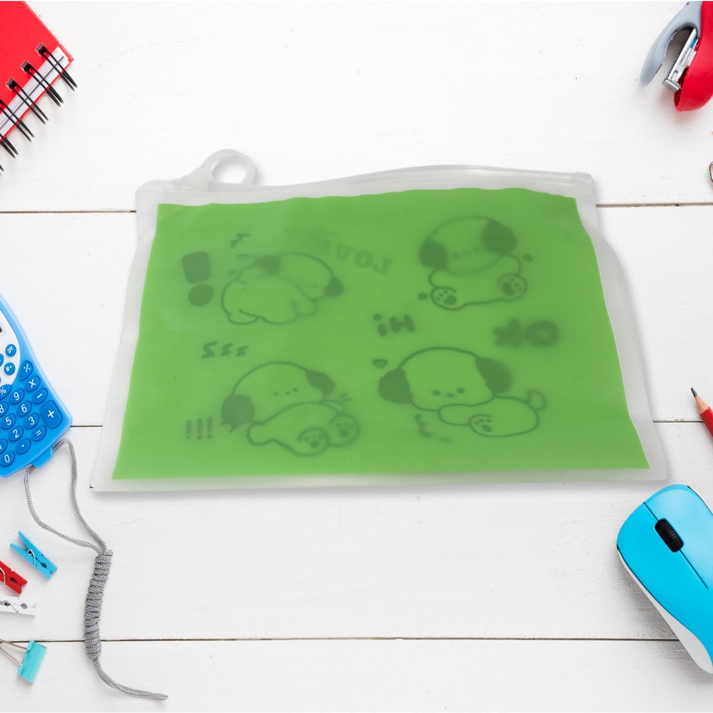 Reusable multipurpose pouch for kids in green with fun dog design for organizing school supplies