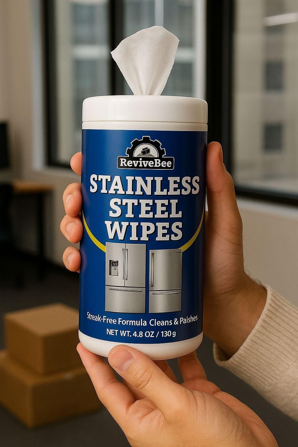 ReviveBee stainless steel wipes for fridge and appliances in a blue container held by hands