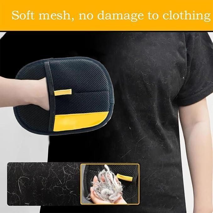 THE GIR FARMER pet hair removal gloves black mesh mitt shown removing pet hair from black shirt