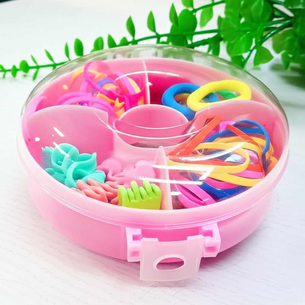 Cute round hair accessories for girls in a pink divided storage case with colorful hair ties and clips