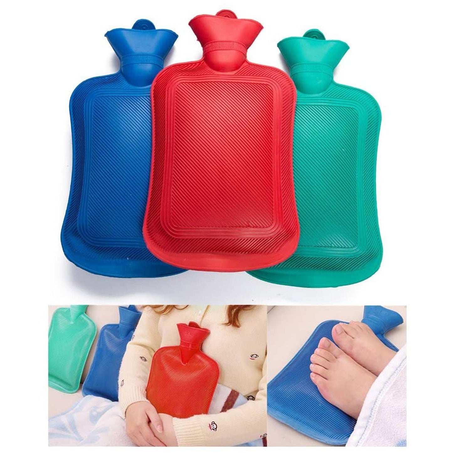 Three colorful rubber hot water bags for pain relief, ideal for soothing aches and providing warmth