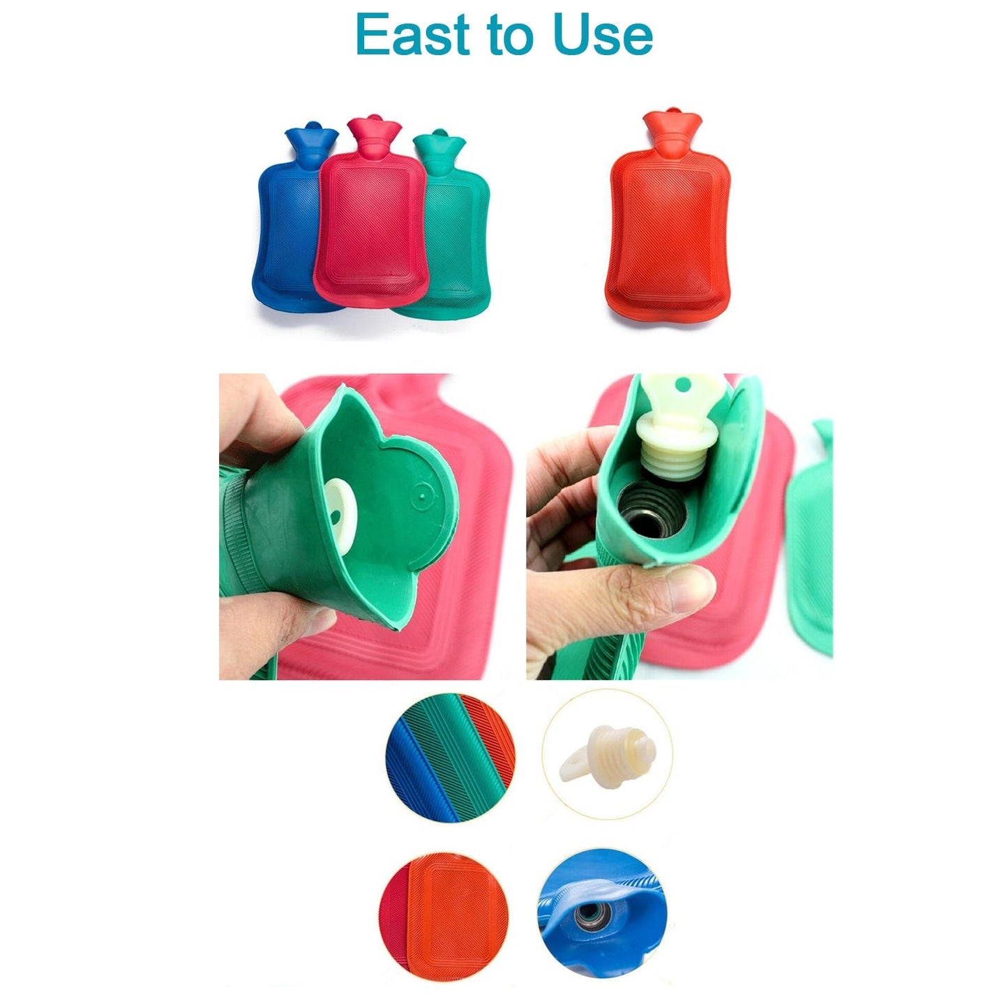 Three vibrant rubber hot water bags for pain relief with easy pour spouts for convenient use