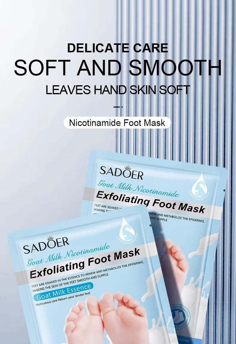 Sadoer goat milk foot mask exfoliating foot mask packaging with soft smooth skin benefits