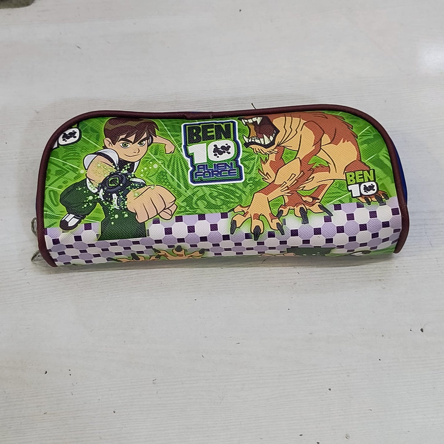 Ben 10 themed school pencil case for children with green background and cartoon characters