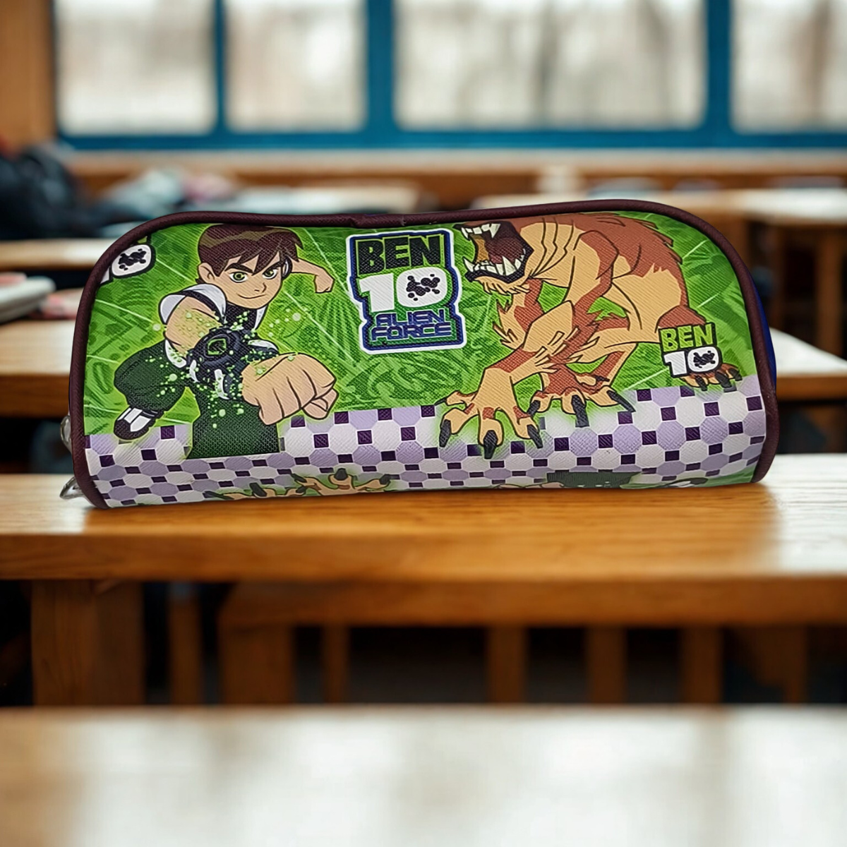 Amd-Deodap school pencil case for children featuring Ben 10 Alien Force design on a classroom desk