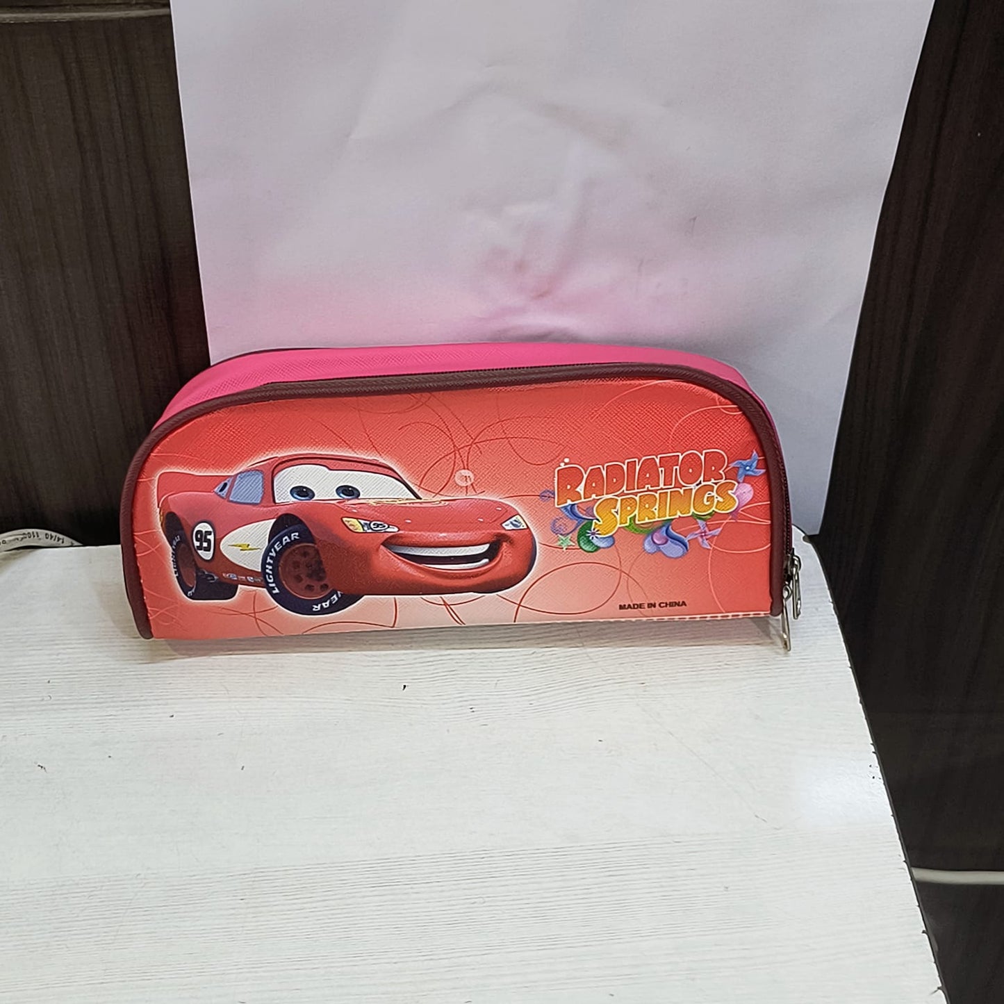 Radiator Springs themed school pencil case for children in red and pink with car design