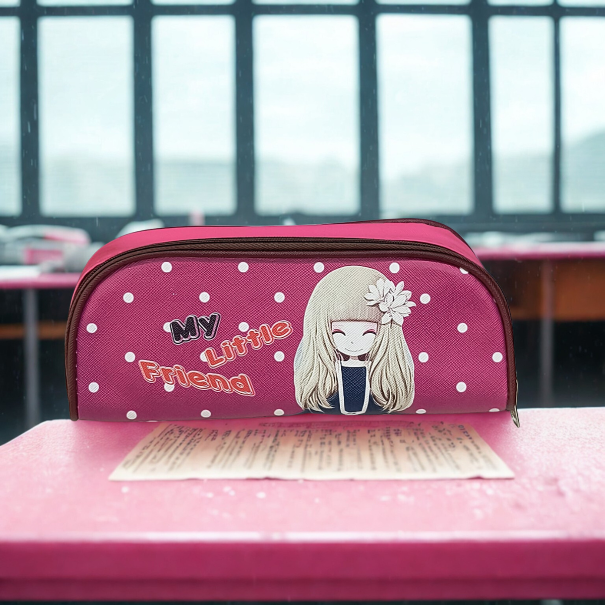 Pink school pencil case for children with cartoon girl and polka dots design by Amd-Deodap