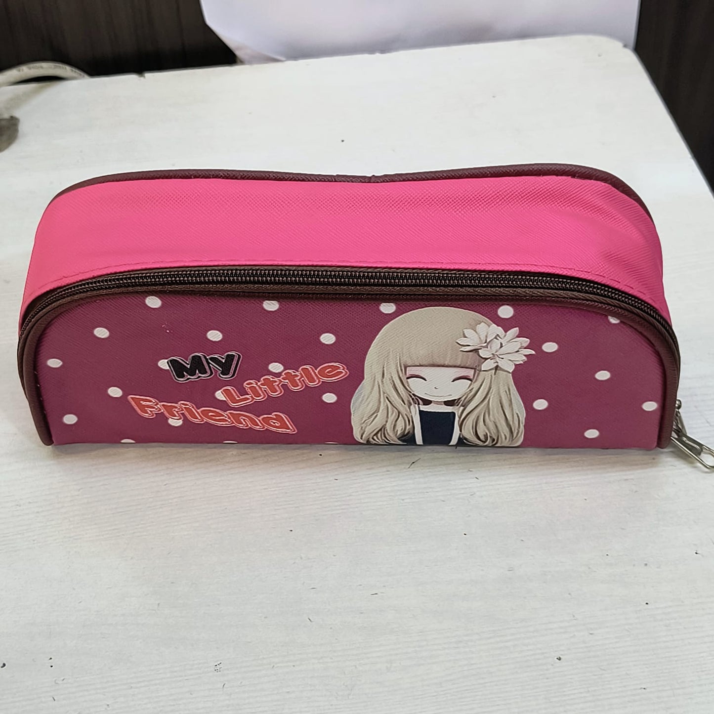 Amd-Deodap pink and maroon school pencil case for children with cartoon girl and polka dot design