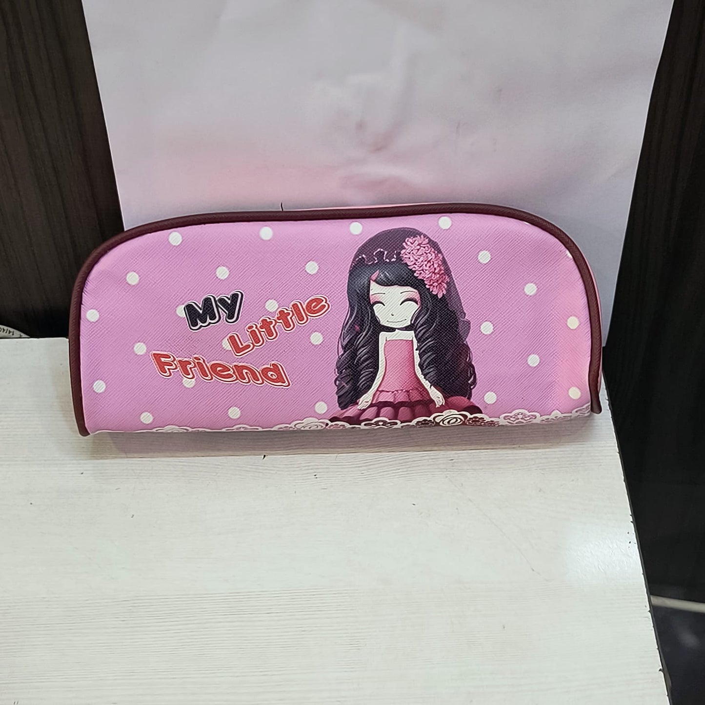 Pink school pencil case for children with cartoon girl and My Little Friend text