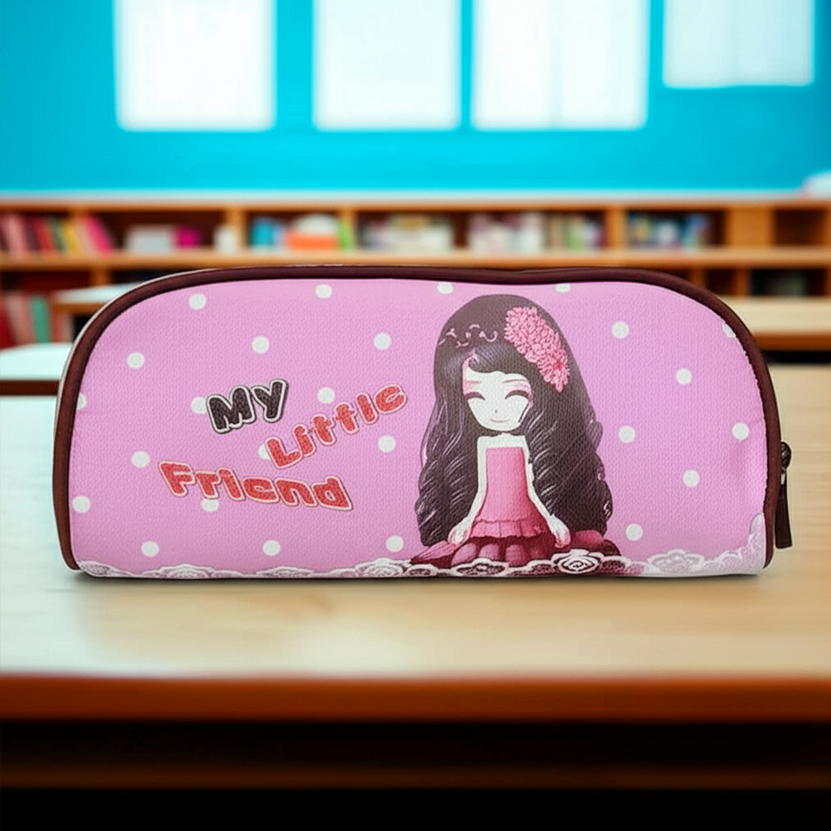 Pink school pencil case for children with cartoon girl and My Little Friend text design