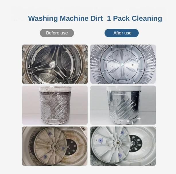 Comparison images showing washing machine parts before and after cleaning with Seaways washing machine cleaning powder