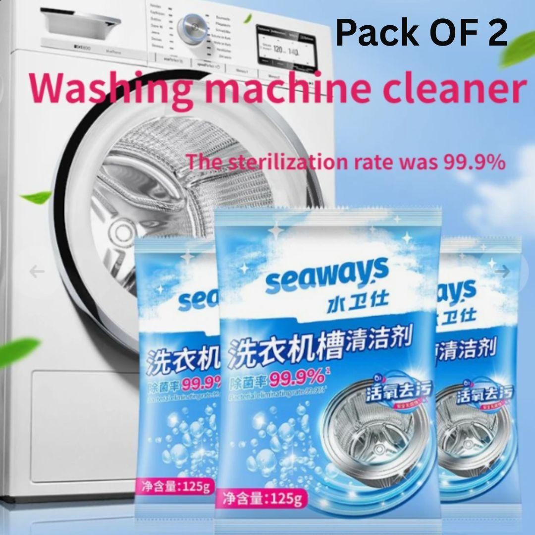 Pack of 2 Seaways washing machine cleaning powder packets in front of a white washing machine