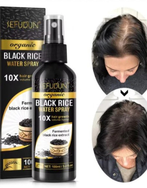 The Gir Farmer black rice water for hair growth spray bottle with before and after hair improvement images