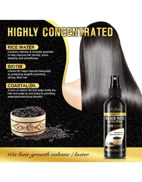 The Gir Farmer black rice water for hair growth spray bottle with smooth shiny hair background